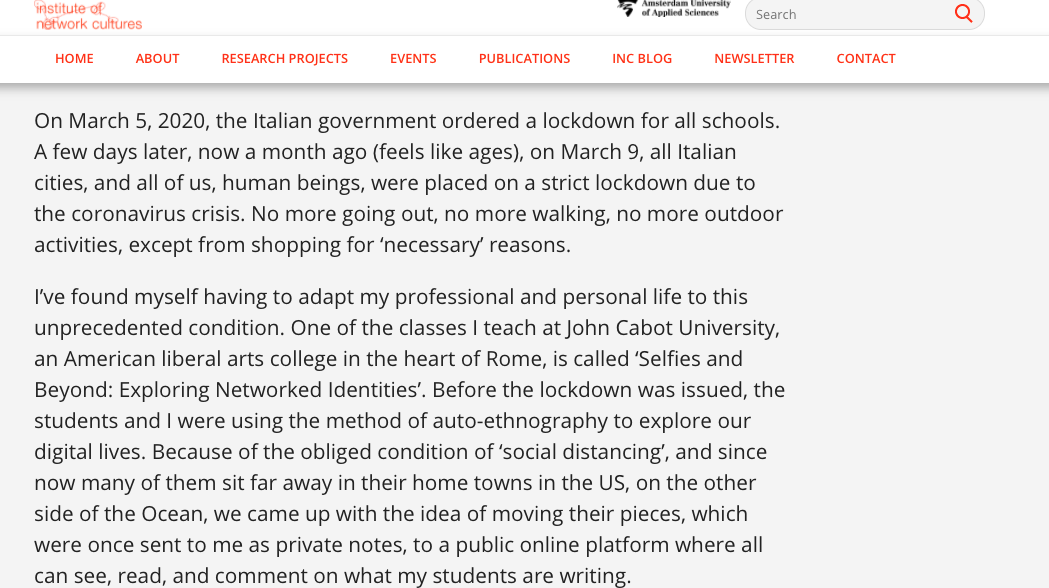 Figure 1: Introduction to the blog series published by the Institute of Network Cultures (INC). “Selfies Under Quarantine: Students Report Back to Rome,” Donatella Della Ratta, April 9, 2020, released under CC BY-NC-SA-4.0.